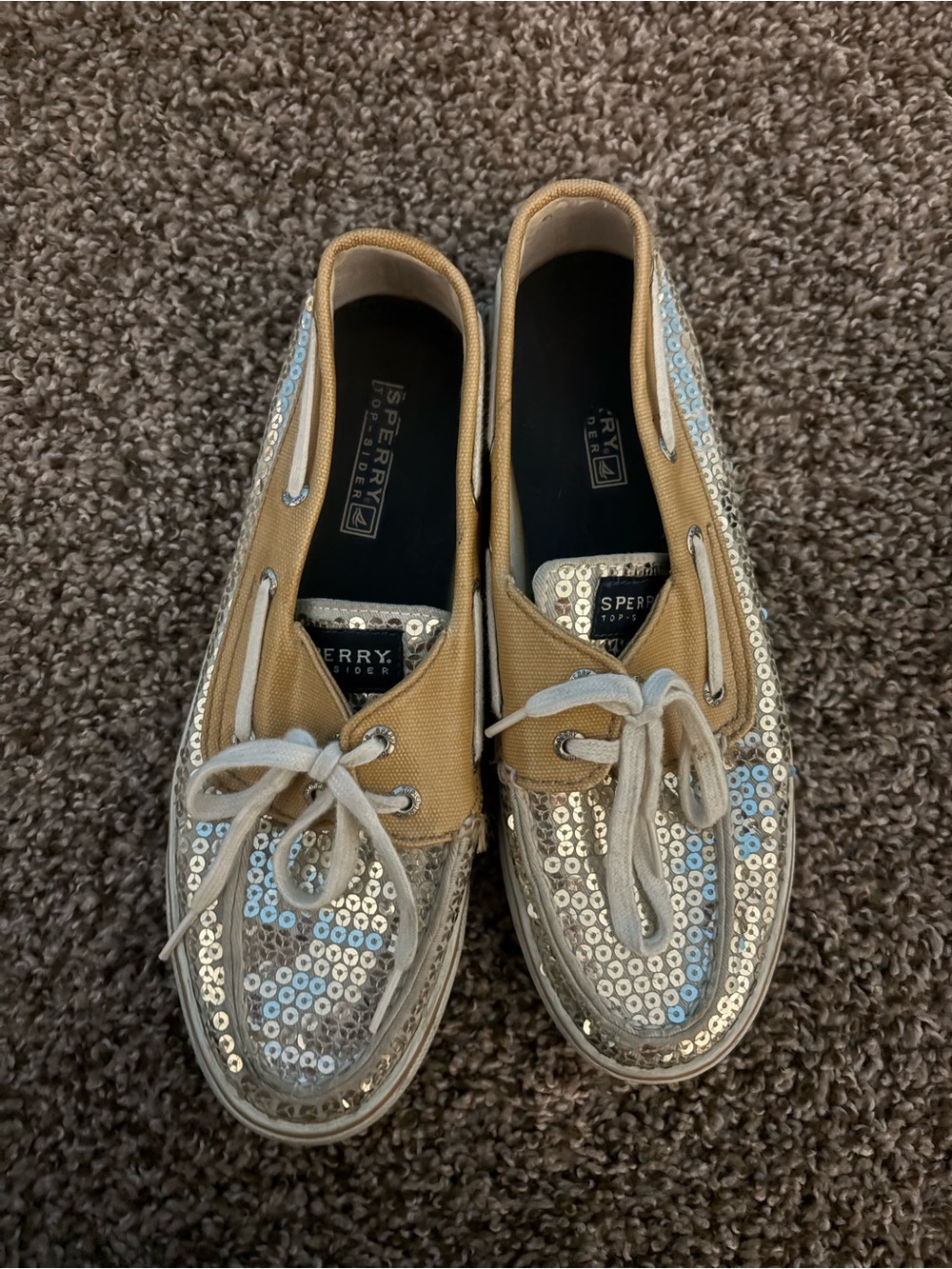 Sperry Women's Tan Canvas Boat Shoes with Silver Sequin Toe